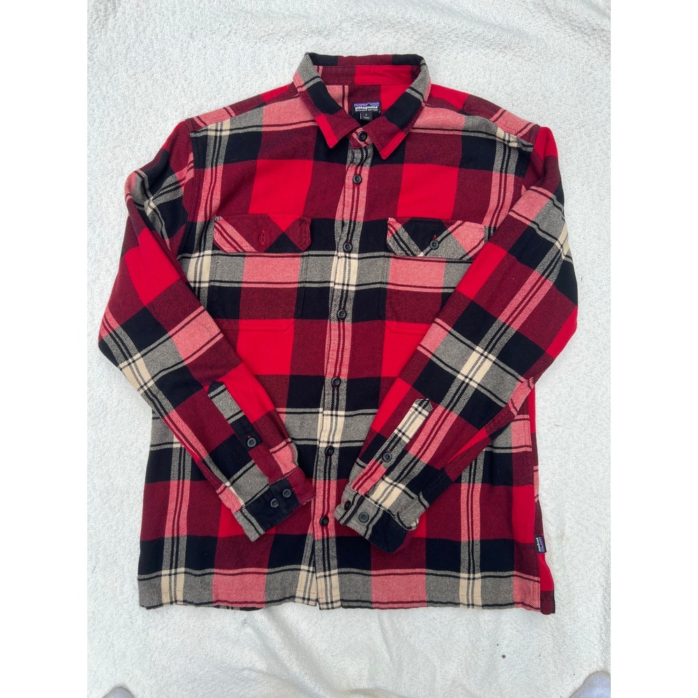 Patagonia Men's Organic Cotton Fjord Flannel Shirt Red Black Plaid Large L